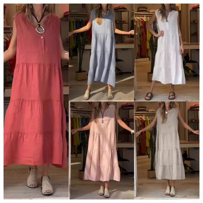 🎉【M-4XL】🌷Жените V-образно деколте бутон без ръкави завързана дълга рокля