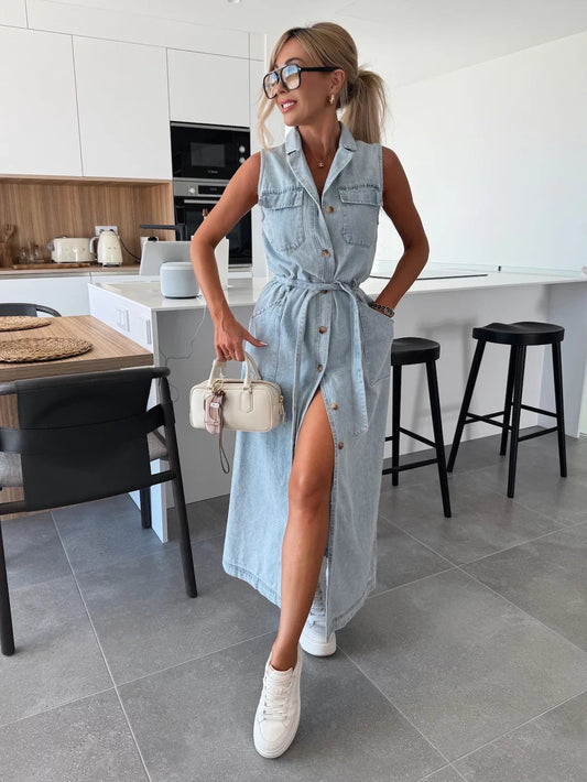 🎉【S-XL】🎁Едноцветна дънкова рокля с копчета🌸