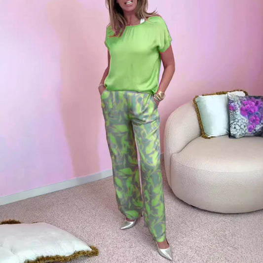 🎉【S-4XL】💝Комплект от две части - горнище с кръгло деколте и широки панталони с щампи