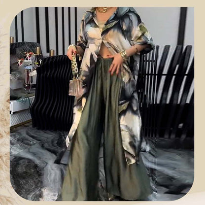 👑 Елегантен Домашен Комплект - Oversize Блуза + Широки Панталони