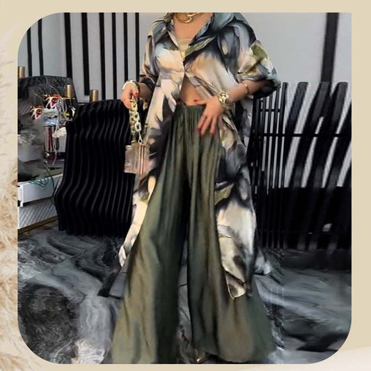 👑 Елегантен Домашен Комплект - Oversize Блуза + Широки Панталони