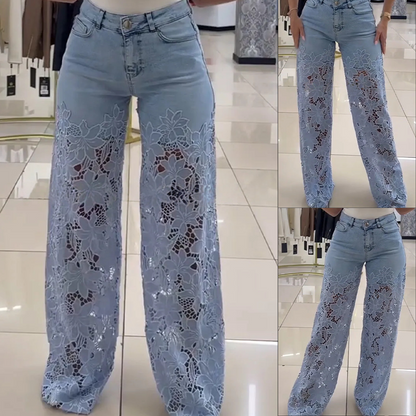 👖Модерни дънки от деним с дантелени кръпки