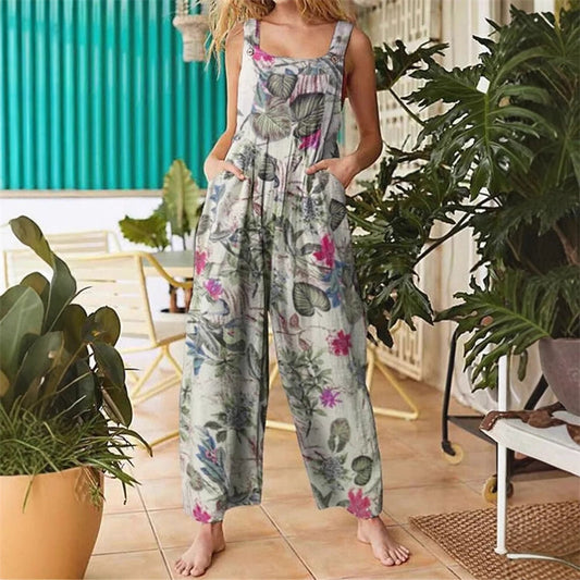 💖【S-3XL】🌼Дженски гащеризон с щампиран широк крачол