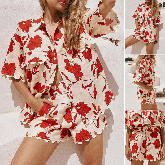 ✨【S-2XL】🌺Жените реколта флорален печат риза и шорти комплект от две части