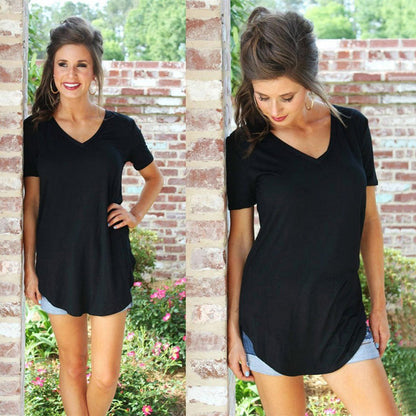 🌹【S-4XL】🔥Жените случайни плътен цвят V-образно деколте тениска🎁