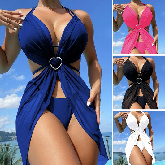 🏖️ Едноцветен Бикини с Вратна Лента 3-Частен Комплект 👙